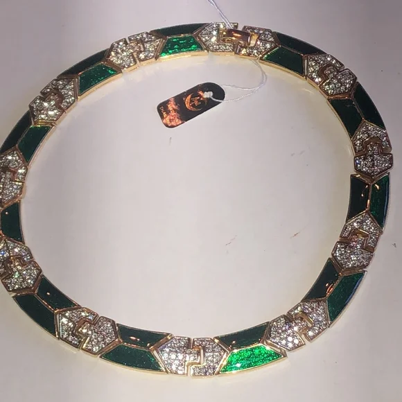 Angel Brand Signed Green Enamel CZ Rhinestone Gold Tone Chunky Vintage Necklace - Picture 6 of 9